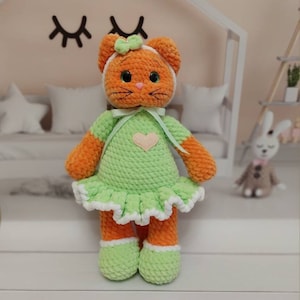 Big crochet plush cat 14&#39;&#39; | Knitted red kitty in dress | Handmade stuffed red-headed cat | Amigurumi cat | Ginger cat | Ukrainian cat toy