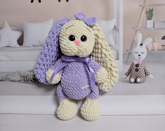 Easter bunny toy | Knitted handmade plush bunny | Handy plushie rabbit | Crochet stuffed rabbit | Lilac knit bunny | Long-eared bunny