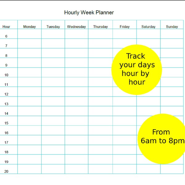 Time blocking, hourly week tracker, track every hour, scheduler