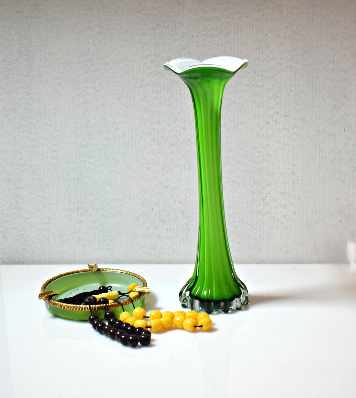 Vtg Green Opaline Glass Vase and Ashtray Set/one Flower Etsy