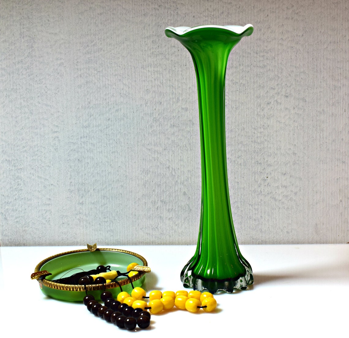 Vtg Green opaline glass Vase and ashtray set/One Flower Etsy