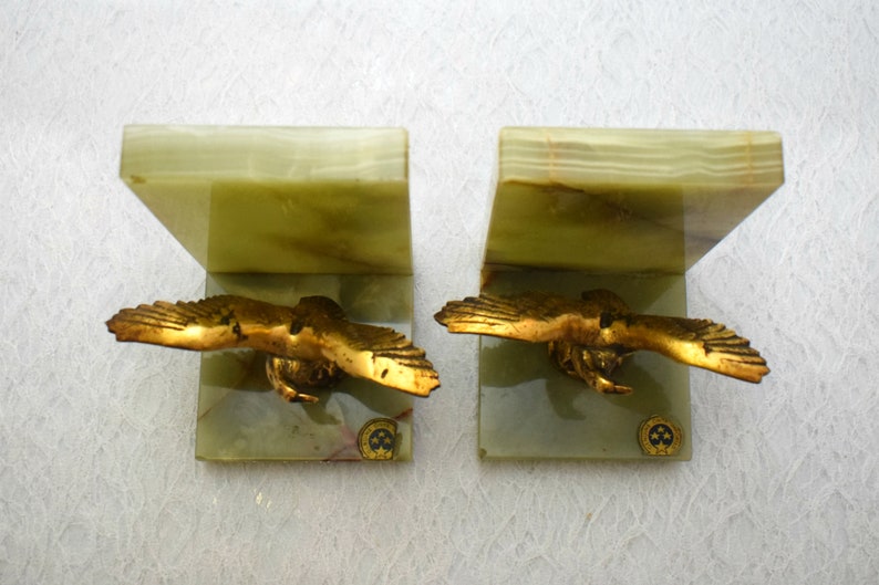 Marble bookends with animal Marble with bronzeEagle lover giftUseful gift for office Vtg Bookends with American Eagle in Green onyx base