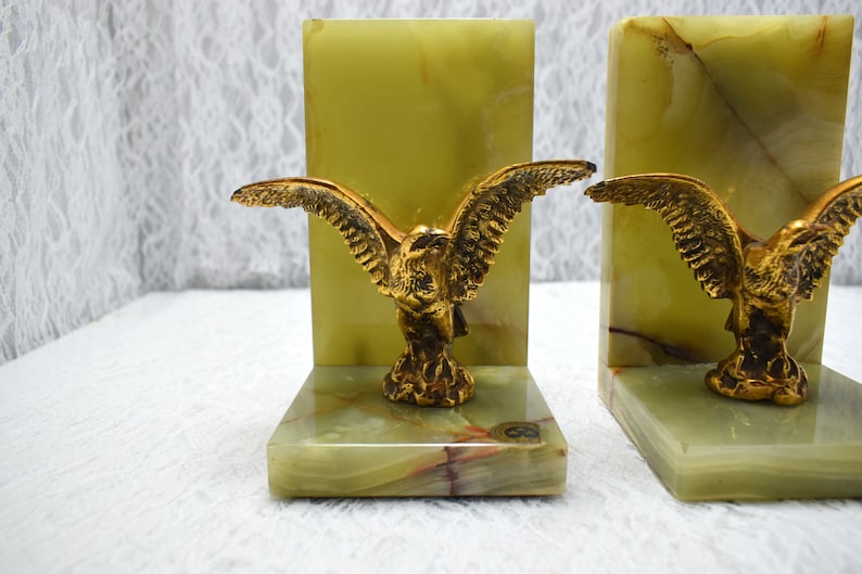 Marble bookends with animal Marble with bronzeEagle lover giftUseful gift for office Vtg Bookends with American Eagle in Green onyx base