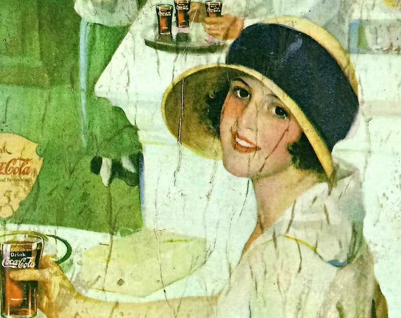 Vtg Coca-Cola D\u00e9cor Mid-century style sign Coca-Cola Collectible Art Aged Reproduction COCA-COLA Sign with Retro Girl Retro Woman poster