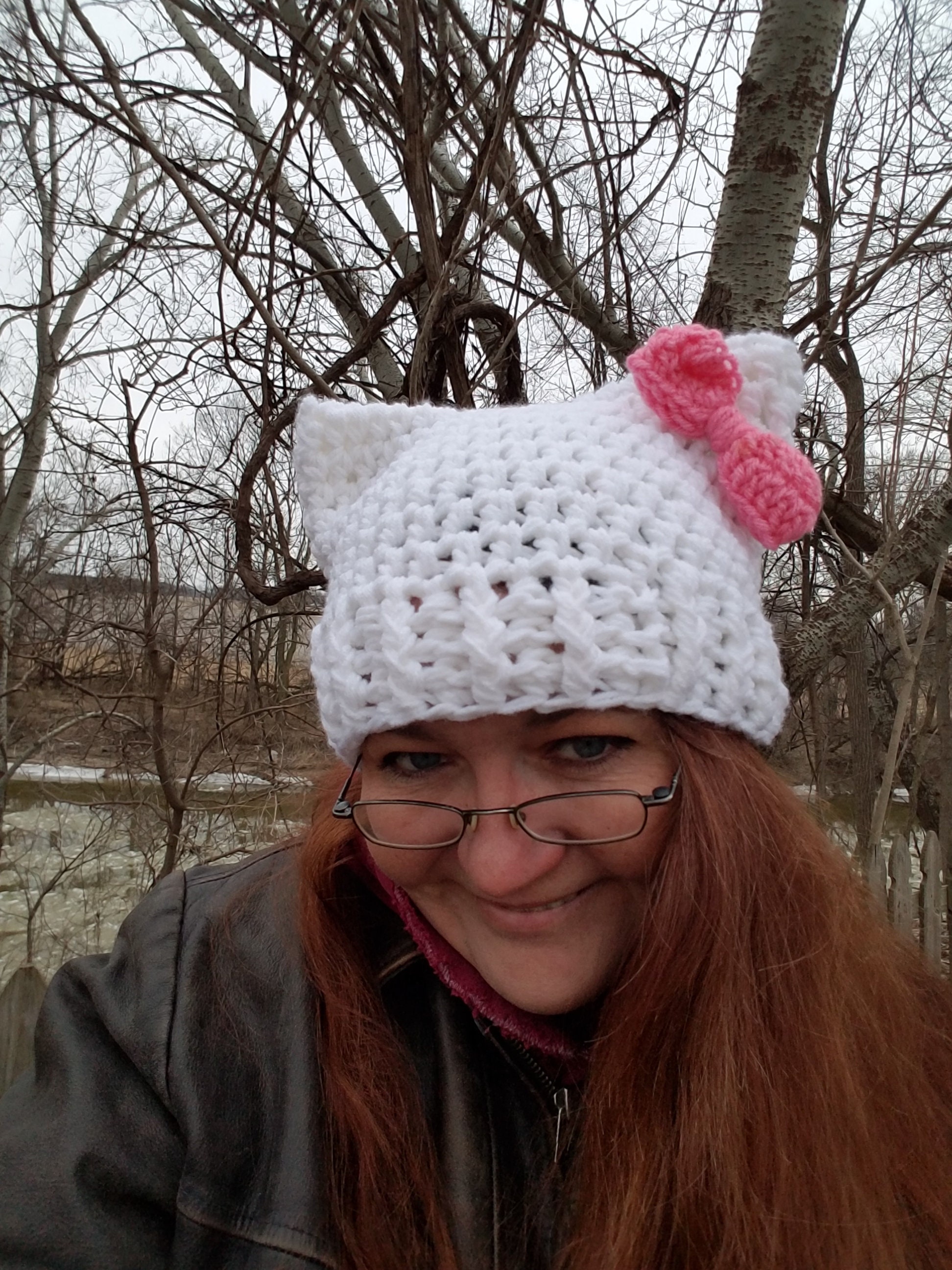 White Cat Hat with Pink Bow Winter Wear Winter Cat Hat Hats Etsy