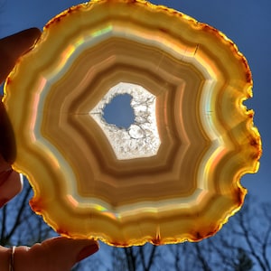 May include: A large, round, agate slice with a hole in the center. The agate is translucent and has a variety of colors, including brown, orange, and white. The agate is backlit by the sun, creating a rainbow effect.