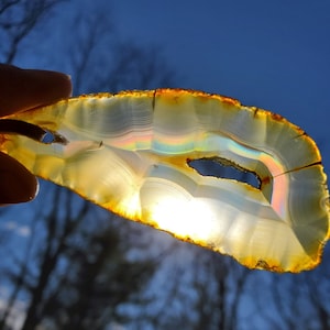 Iris Agate Suncatcher. Window Display. Decor. Meditation Tool. Natural Rainbow Crystal. Leather. Brass. Iridescent.