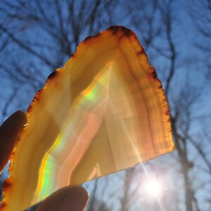 May include: A large, iridescent agate slice with a rainbow of colors. The agate is translucent and has a smooth, polished surface. The agate is held in a hand against a blue sky background.
