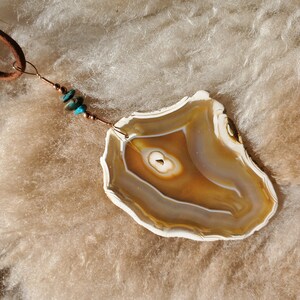 Iris Agate Suncatcher. Rainbow Agate. Iridescent Crystal. Window Display. Decor. Copper Wire. Turquoise Bead. Genuine Leather Cord.