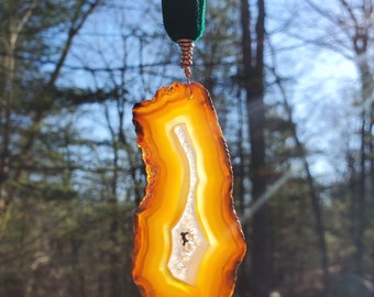 Iris Agate Ornament. Rainbow Agate. Iridescent Crystal. Window Display. Decor. Copper Wire. Green Velvet Ribbon.