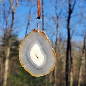 Agate Ornament. Window Display. Wall Decor. Natural Stone. Copper bead and wire. Genuine Leather Cord.