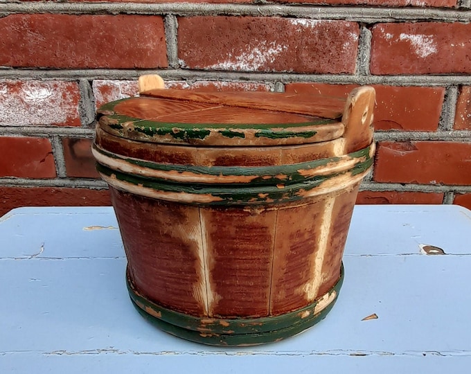 Lovely butter bucket,folk-art, farm house, antique paint, Norway. Handmade bent wood bowl, Farmhouse decor