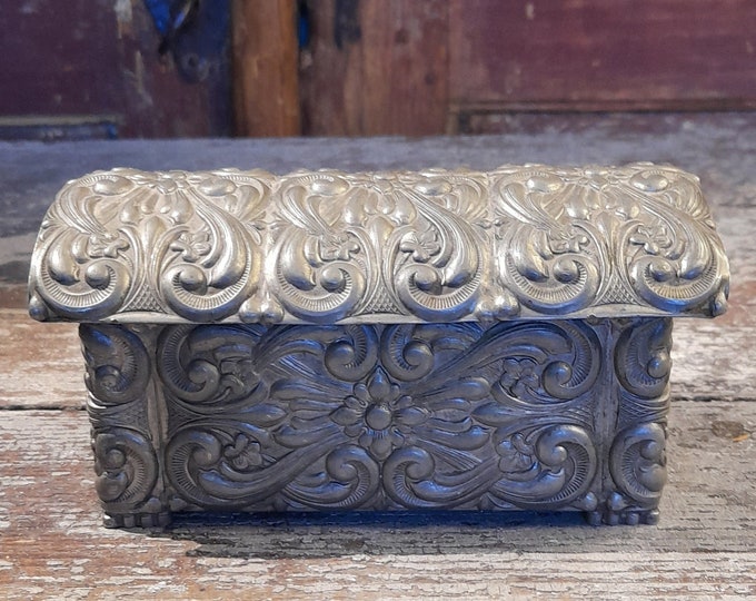 Rare Handmade Pewter Storage Box: Vintage Tin with Viking Pattern - Norwegian Folk Art