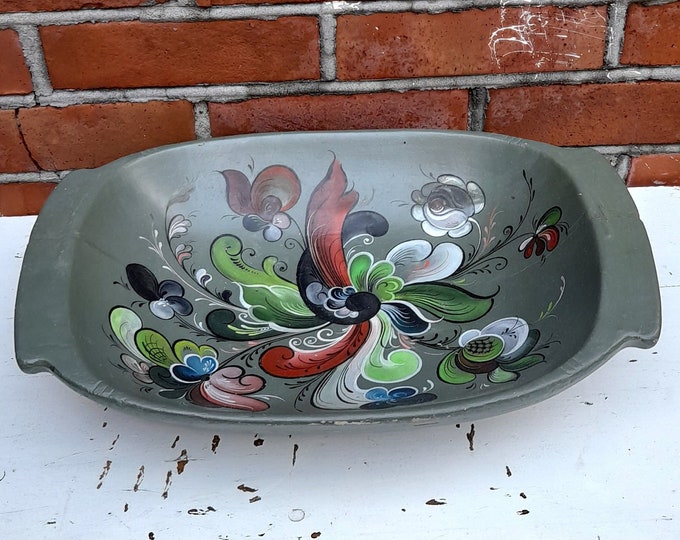 Rose painted trau-tray, Norwegian folk art, wooden rose painting handmade vintage, mid-century folkart, Norwegian hand made trough