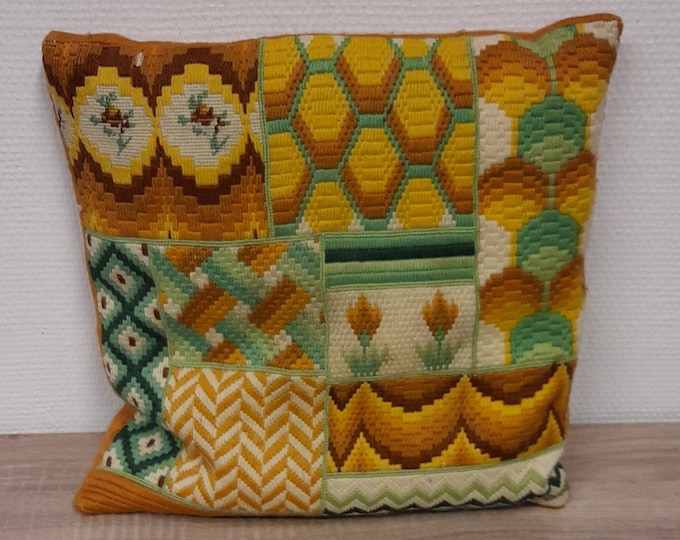 Hand sewn decorative pillow from the 60's, hand embroidered, home decor, mid-century