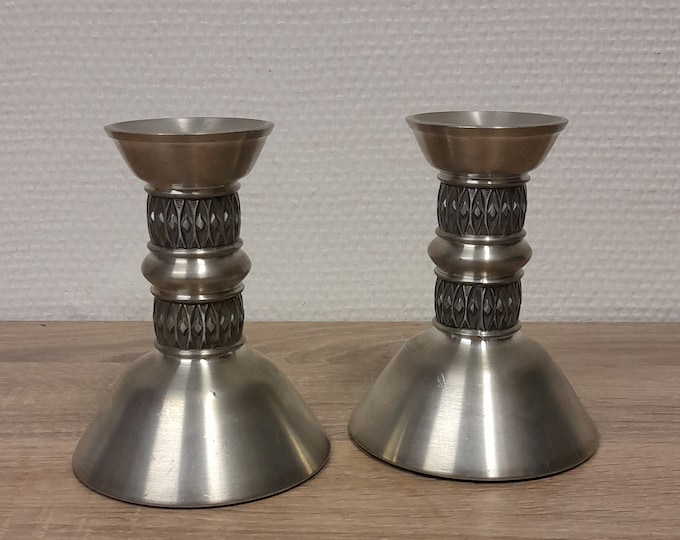 Beautiful tin candlestick holder with Norwegian  motif, handmade folk art, Norwegian tin / pewter, Manufacturer: Norwegian