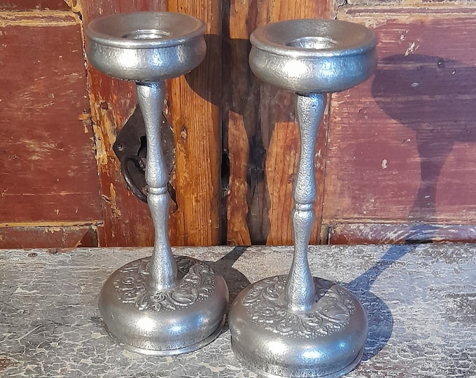 Beautiful pair of tin candlestick holder, handmade folk art, Vintage norwgian folkart ,Scandianvian design,Norwegian herritage,Rose carving