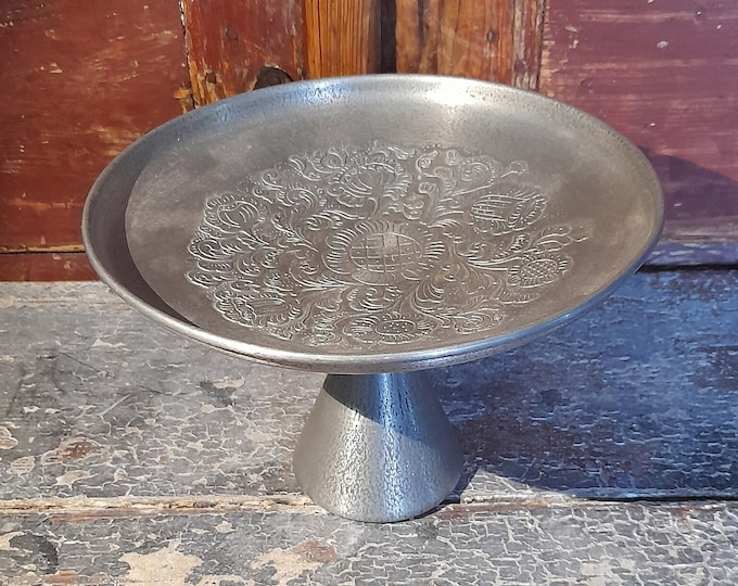 Vintage Norwegian Tableware - Stunning Pewter Cake Stand with Folk Art Rosemaling
