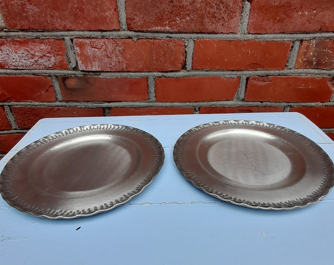 Beautiful pair of vintage pewter plates, handmade folk art, Hand made wall hanging, home decor, Hand made tin, Mid-century decor