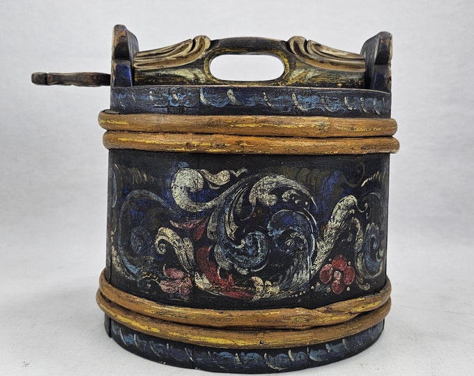 Charming Antique Butter Bucket with Lid, Norwegian Folk Art from Telemark Farmhouse