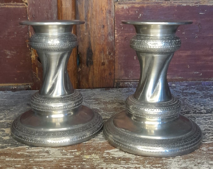 Beautiful duo of tin candlestick holder, handmade folk art, Antique candlestick holders, vintage candlestick holder,scandinavian design
