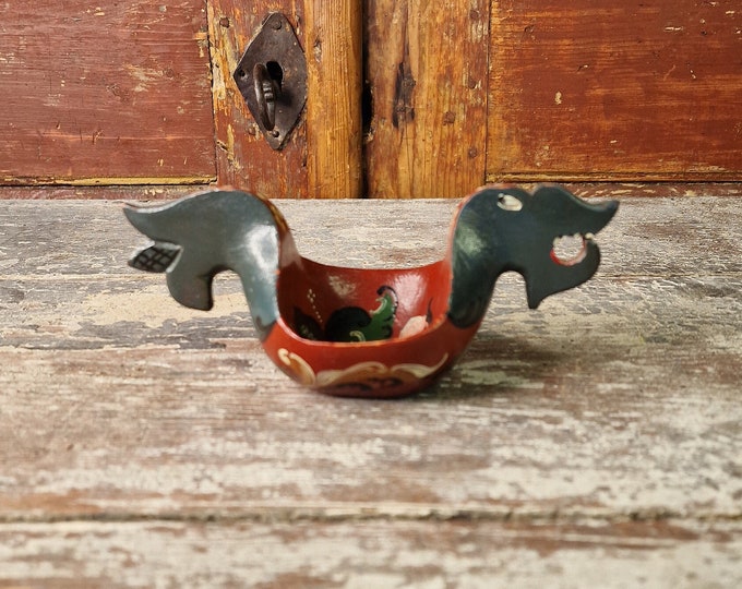 Rare Antique Ale Kjenge with Hand Carved Rosemaling - Norwegian Folkart