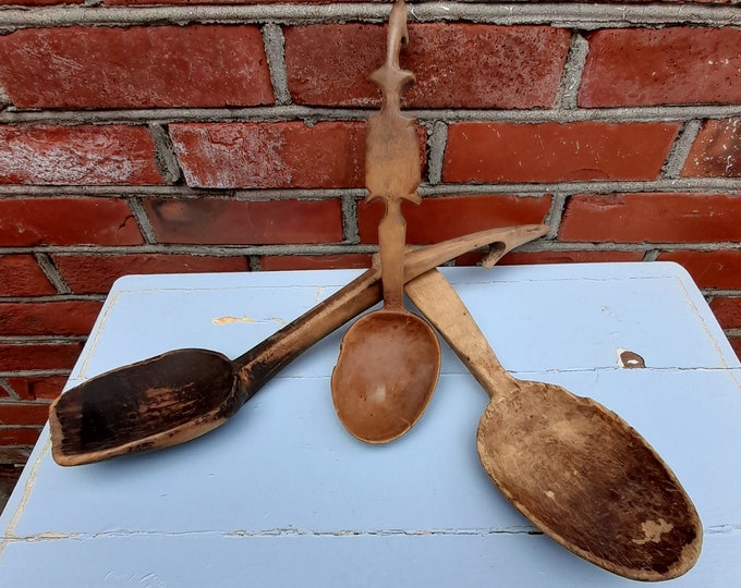 Lott antique farm kitchen wooden spoons,  Norwegian hand carved, Decorative spoons, Norwegian Folk Art.
