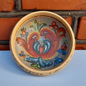 Rosemaling noruego, rosemalt de tazón vintage, arte popular de tazón de Rosemalt, pintura rosa, década de 1960, arte popular de mediados de siglo