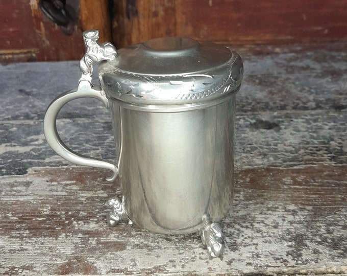 Pewter lion drinking cup, Norwegian hand made, folkart, mid-century, rare object, vintage tin cup, lion pattern,scandinavian pewter