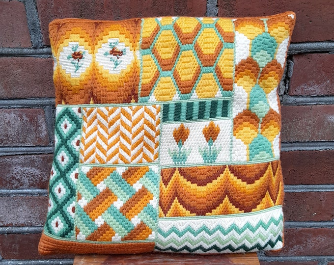 Hand sewn decorative pillow from the 60's, hand embroidered, home decor, mid-century