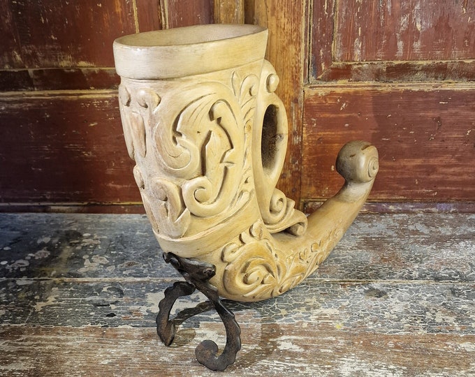Hand carved vintage Norwegian drinking horn - Handmade vintage decoration mug - viking ale horn - Scandinavian folk art