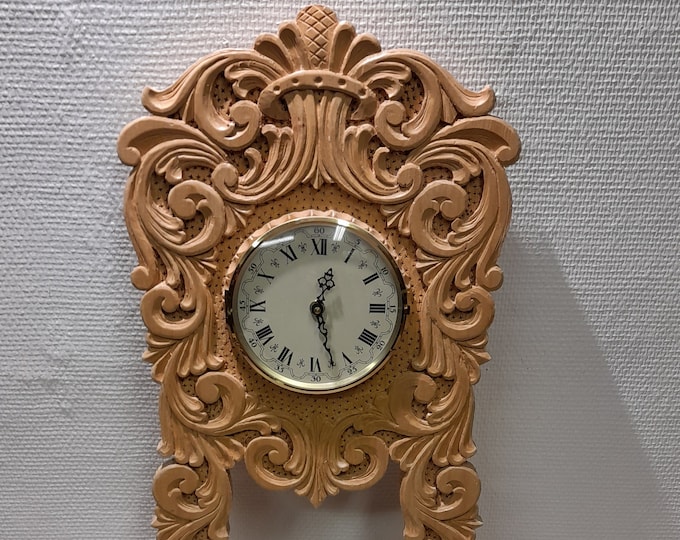Hand Carved Norwegian Folk-Art Wall Clock with Rose Carvings - Unique Mid-Century Home Decor