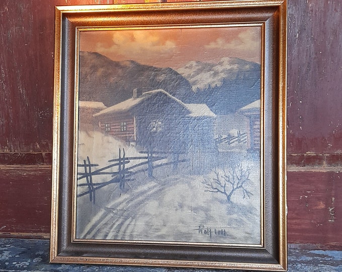Scandinavian Charm: Vintage Oil Painting of a Norwegian Farmer's Yard