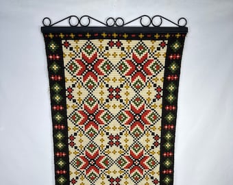 Vintage norsk broderad gobeläng med klara starka färger - Väggbonad med folkkonst
