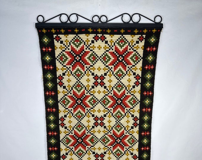 Vintage Norwegian Embroidered Tapestry with Clear Strong Colors - Folk Art Wall Hanging
