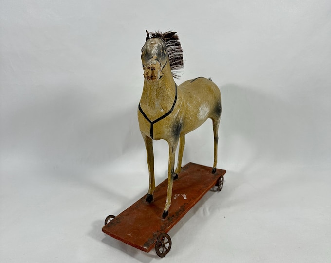 Rare Vintage German Horse Figure: Paper Mache and Wood, Realistic Hair & Fur, 1890s-1920s
