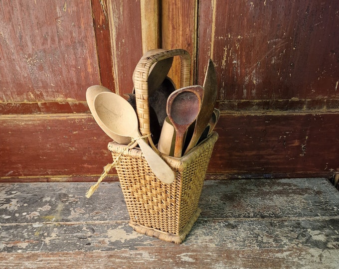 Stunning wicker basket of bamboo wire, full of old wooden ladles, Rustic and primitive kitchen utensils,Norwegian folk art.Scandinavian gift
