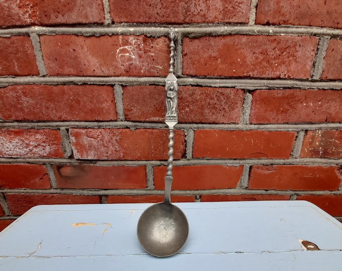 Beautiful big antique 1800s tin spoon with Maria figurine, handmade folk art, Norwegian tin / pewter, rare object, 1700-1800s