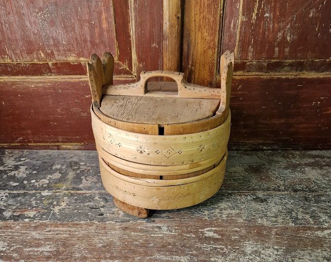 Antique Scandinavian Carved Porridge Container - Norwegian Butter Churn from Telemark, 1800s