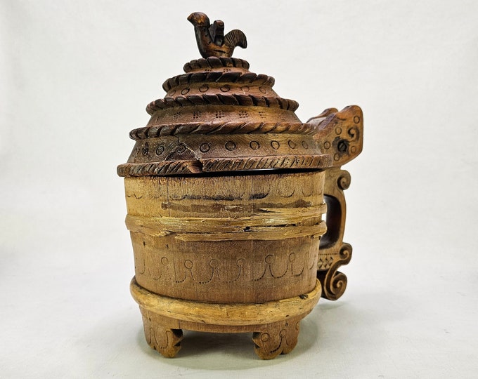 Antique 1800s beer tankard - Norwegian Handcarved wooden beer mug -  rare museum object - Norwegian folkart