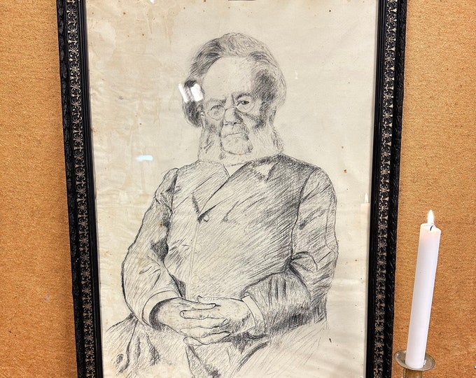 Rare Antique Art Drawing of Henrik Ibsen from the 1880s - Vintage Portrait of the Iconic Playwright