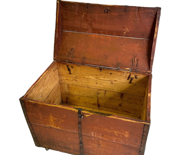 Antique hand carved chest with iron fittings - Norwegian primitive acanthus rose carving