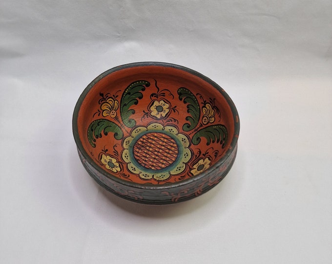 Hand Carved Antique Rosemaled Wooden Ale Bowl - Farmhouse Primitive Decor