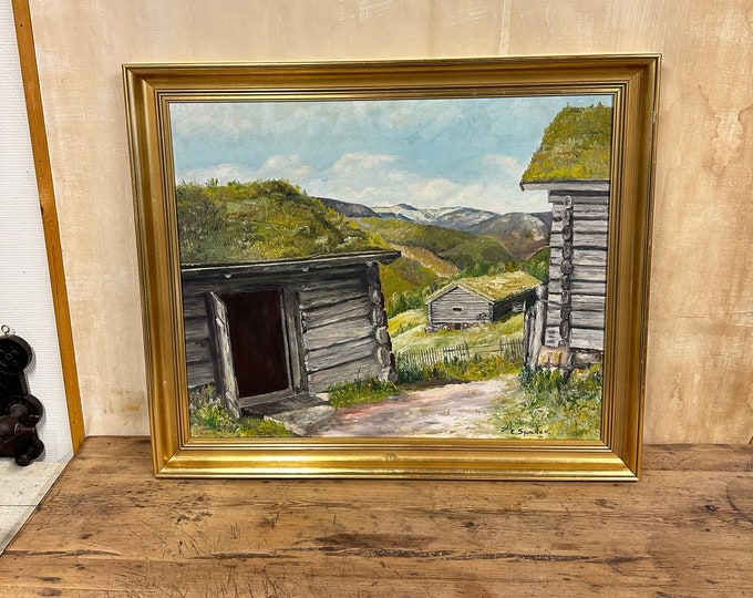 Vintage Landscape Painting by E. Spären: 1960s Norway Mountain Farm Scene