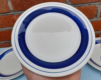 Set of 6 Scandinavian Breakfast Plates | Blue Rim Porcelain Dishes | Mid Century Swedish Tableware | Vintage 1970s