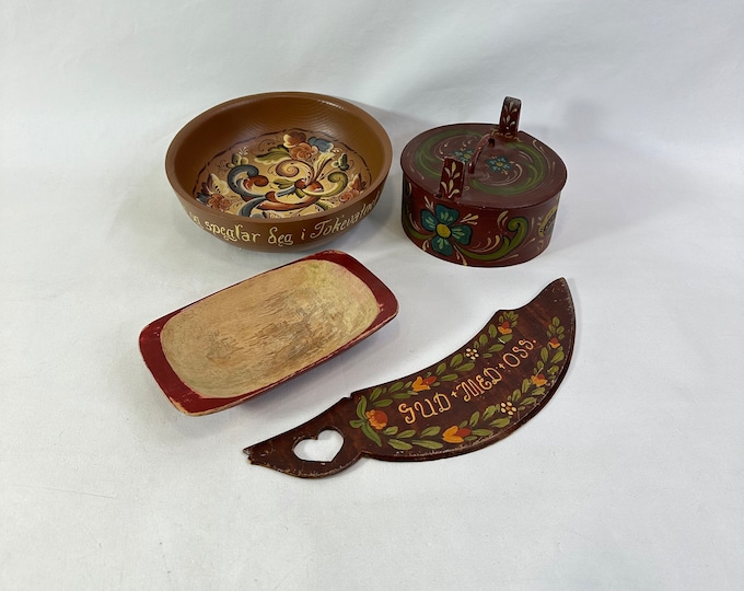 Vintage Norwegian Tine Box 1909 - Rose Painted Bowl, Linen Knife, Wooden Trau - Unique Gift Set