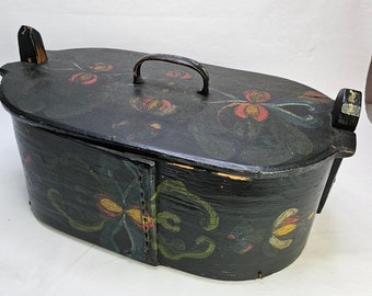 Stunning antique rosemalt tine box - Bent wood - Norwegian folk-art - Keepsake box