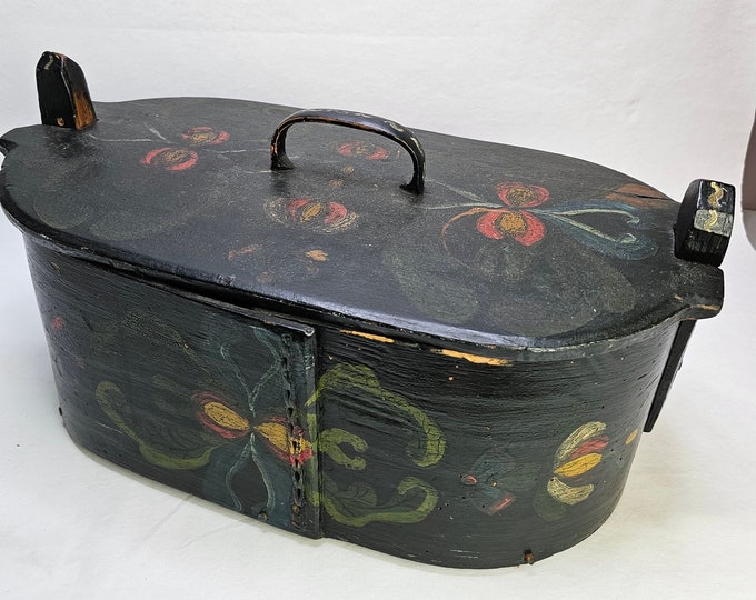 Stunning antique rosemalt tine box - Bent wood - Norwegian folk-art - Keepsake box