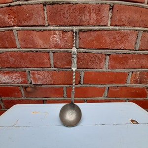 Beautiful big antique 1800s tin spoon with Maria figurine, handmade folk art, Norwegian tin / pewter, rare object, 1700-1800s