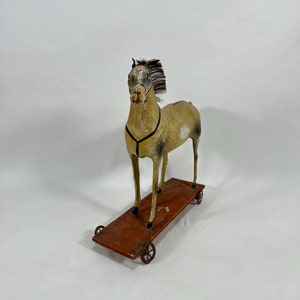 Rare Vintage German Horse Figure: Paper Mache and Wood, Realistic Hair & Fur, 1890s-1920s